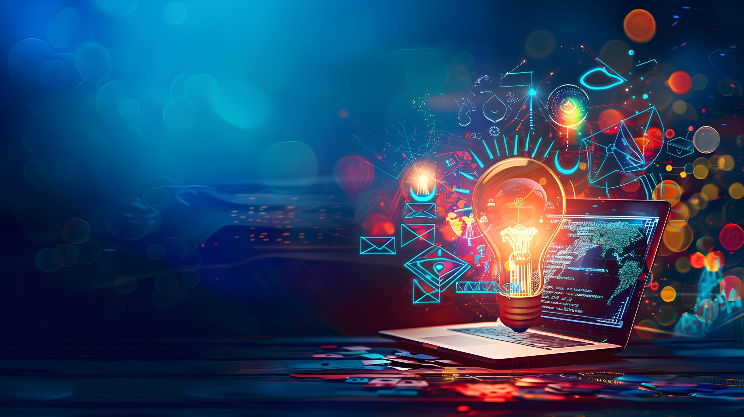 Symbolbild mit Glühlampe und Laptop für online Technologie, E-Learning, Internet.