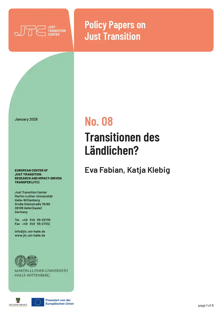 Titelblatt von "Policy Papers on Just Transition, Vol. 08: Eva Fabian, Katja Klebig: Transitionen des Ländlichen"
